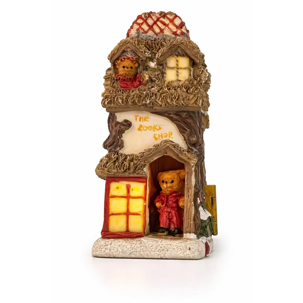 Vintage‎ Christmas Book Shop Hinged Resin Figurine Santa Teddy Bears Village